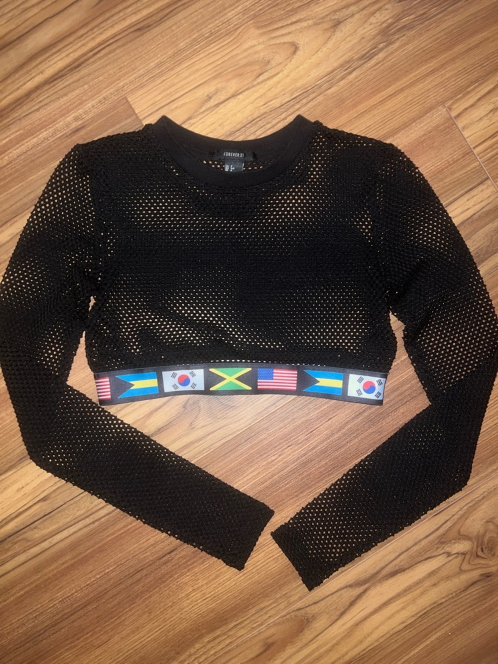 Forever 21 Black Mesh Long-Sleeve Crop Top with Flag Trim